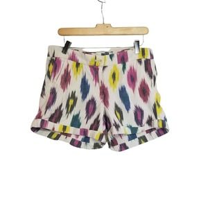 J Crew Yellow Pink Blue Watercolor Ikat Cotton Linen Mid Rise 4" Shorts Size 8